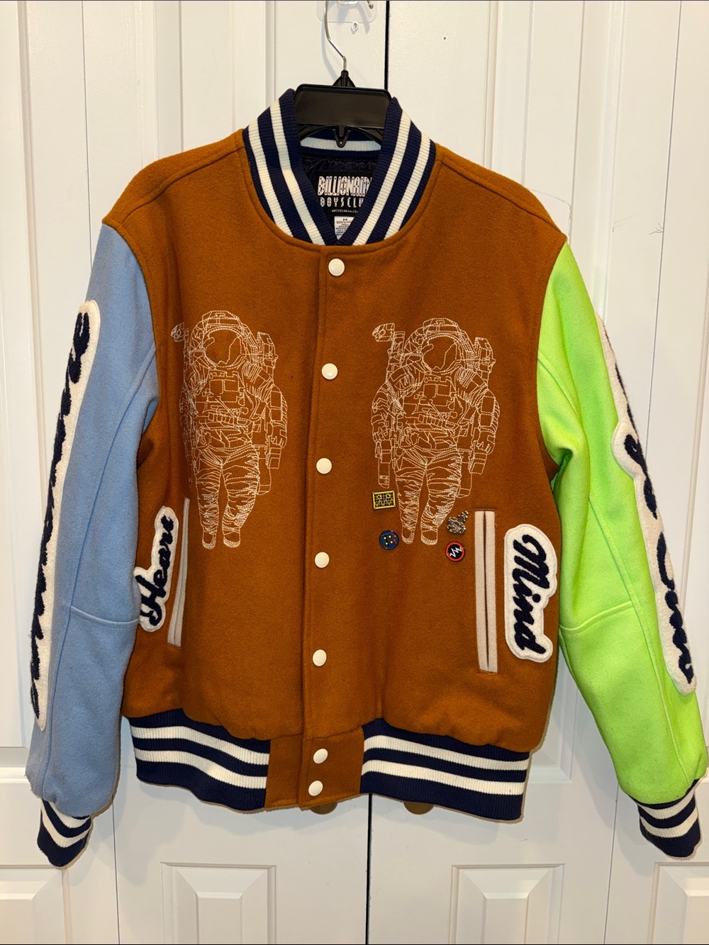 Billionaire Boys Club Brown Varsity Jacket with Light Blue & Neon Green Sleeves